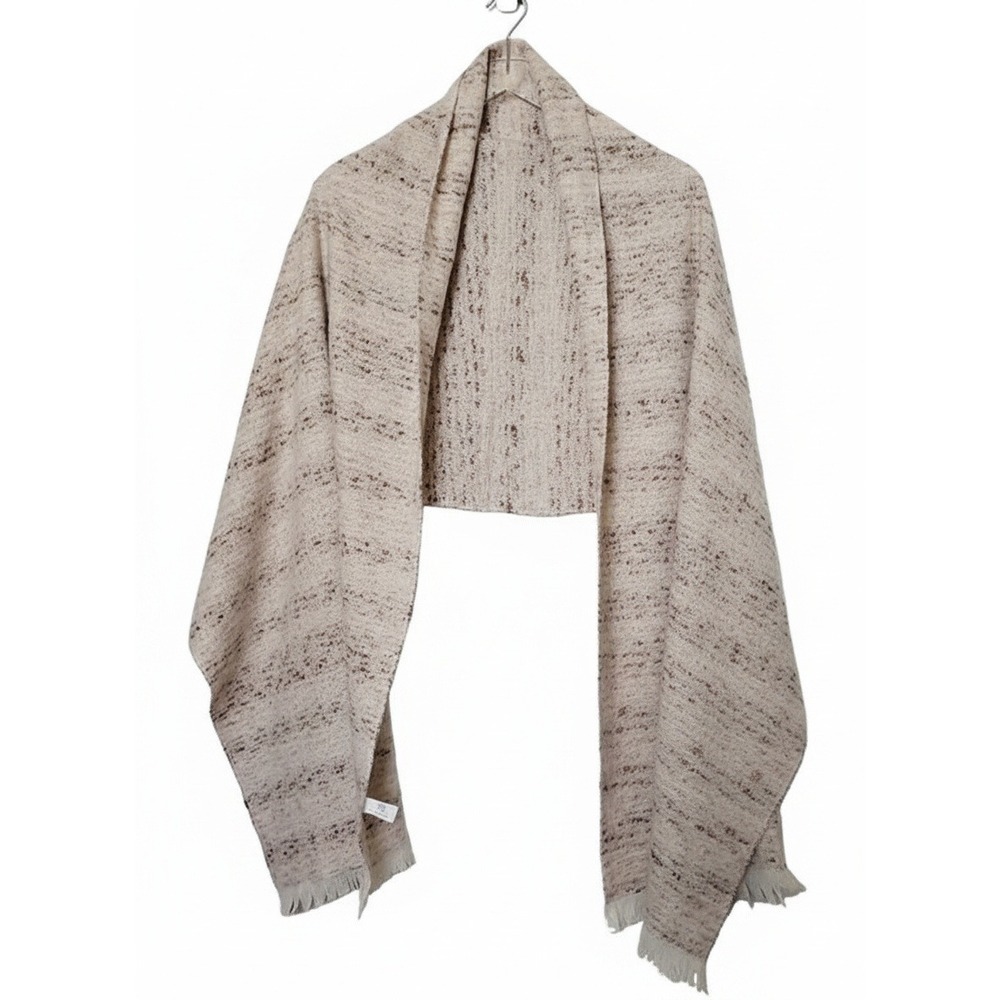 Pretty Persuasions Cream Brown Marled Knit Fringe Wrap Shawl Scarf One Size
